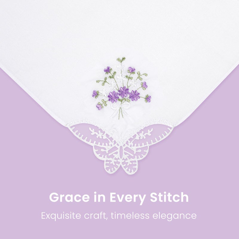 Selected Hanky Women's Cotton Handkerchiefs Flower Embroidered with Lace, Ladies Hankies 6 Pcs - Purple Floral - Image 2